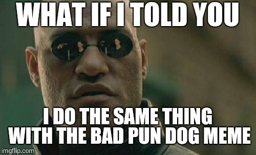 Matrix Morpheus Meme | WHAT IF I TOLD YOU I DO THE SAME THING WITH THE BAD PUN DOG MEME | image tagged in memes,matrix morpheus | made w/ Imgflip meme maker