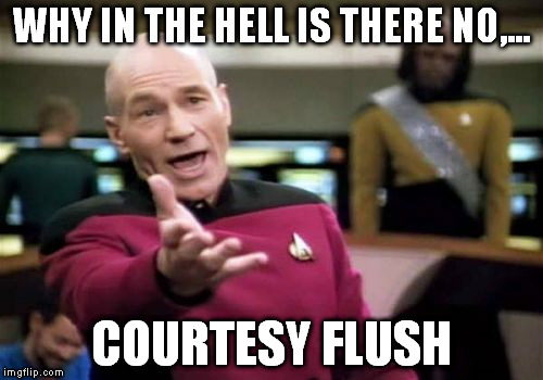 Picard Wtf Meme | WHY IN THE HELL IS THERE NO,... COURTESY FLUSH | image tagged in memes,picard wtf | made w/ Imgflip meme maker