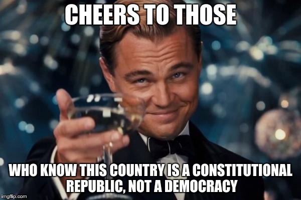Leonardo Dicaprio Cheers | CHEERS TO THOSE WHO KNOW THIS COUNTRY IS A CONSTITUTIONAL REPUBLIC, NOT A DEMOCRACY | image tagged in memes,leonardo dicaprio cheers | made w/ Imgflip meme maker