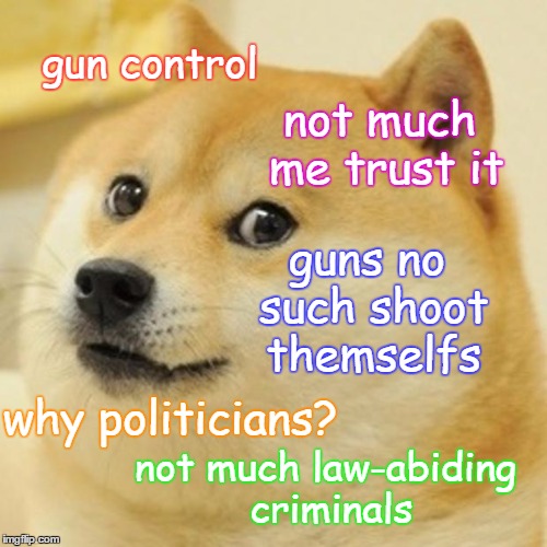 Even Doge doesn't trust it... | gun control not much me trust it guns no such shoot themselfs why politicians? not much law-abiding criminals | image tagged in memes,doge,gun control,politics | made w/ Imgflip meme maker