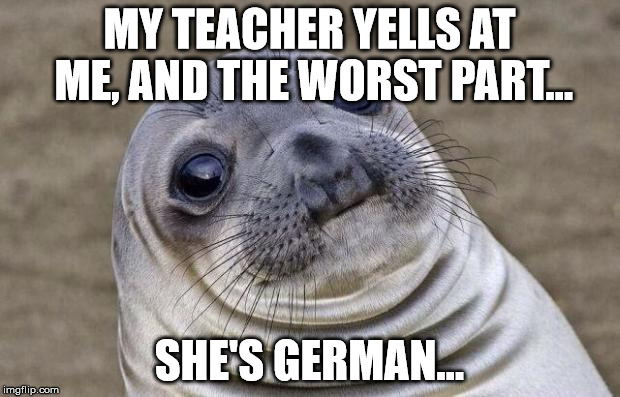 Awkward Moment Sealion Meme | MY TEACHER YELLS AT ME, AND THE WORST PART... SHE'S GERMAN... | image tagged in memes,awkward moment sealion | made w/ Imgflip meme maker