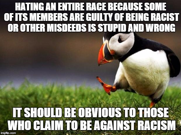 HATING AN ENTIRE RACE BECAUSE SOME OF ITS MEMBERS ARE GUILTY OF BEING RACIST OR OTHER MISDEEDS IS STUPID AND WRONG IT SHOULD BE OBVIOUS TO T | made w/ Imgflip meme maker