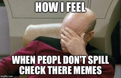 Captain Picard Facepalm | HOW I FEEL WHEN PEOPL DON'T SPILL CHECK THERE MEMES | image tagged in memes,captain picard facepalm | made w/ Imgflip meme maker