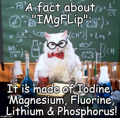 Imageflip Chemistry Cat | A fact about "IMgFLip": It is made of Iodine, Magnesium, Fluorine, Lithium & Phosphorus! | image tagged in memes,chemistry cat,imgflip,elements | made w/ Imgflip meme maker