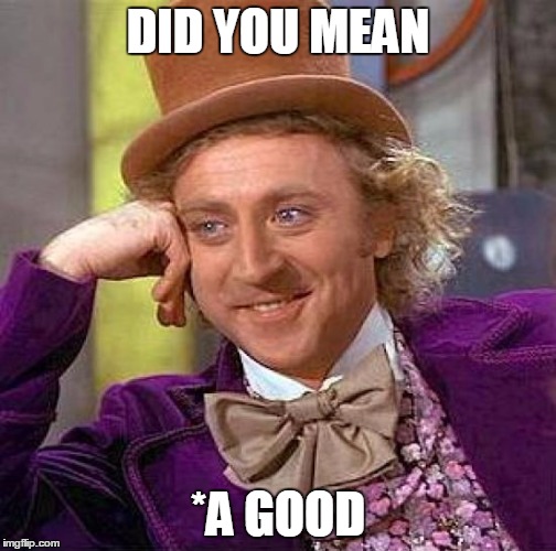 Creepy Condescending Wonka Meme | DID YOU MEAN *A GOOD | image tagged in memes,creepy condescending wonka | made w/ Imgflip meme maker