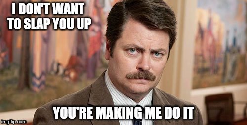 Ron Swanson | I DON'T WANT TO SLAP YOU UP YOU'RE MAKING ME DO IT | image tagged in ron swanson | made w/ Imgflip meme maker