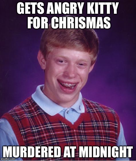 Bad Luck Brian Meme | GETS ANGRY KITTY FOR CHRISMAS MURDERED AT MIDNIGHT | image tagged in memes,bad luck brian | made w/ Imgflip meme maker