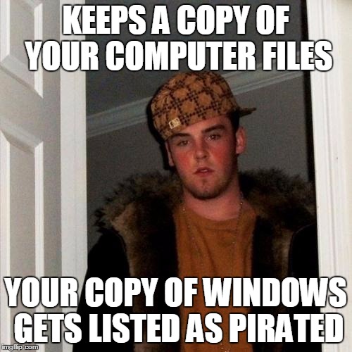 Scumbag Steve Meme | KEEPS A COPY OF YOUR COMPUTER FILES YOUR COPY OF WINDOWS GETS LISTED AS PIRATED | image tagged in memes,scumbag steve | made w/ Imgflip meme maker