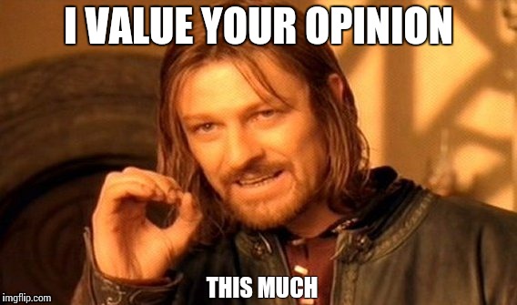 One Does Not Simply Meme | I VALUE YOUR OPINION THIS MUCH | image tagged in memes,one does not simply | made w/ Imgflip meme maker