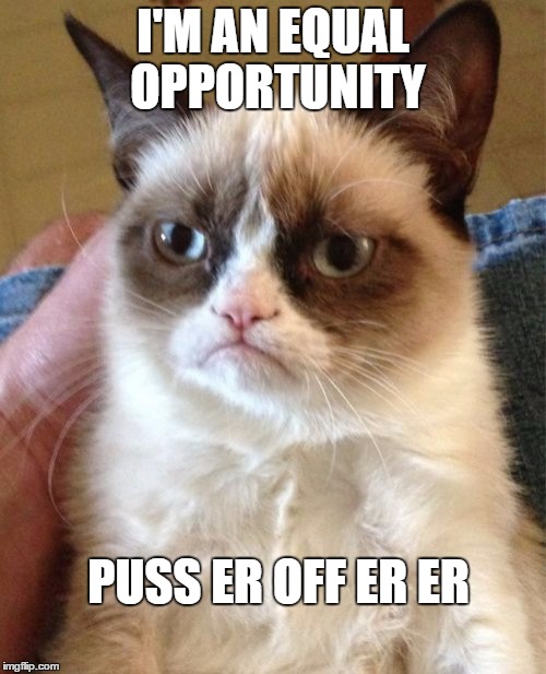 Hates everyone equally | I'M AN EQUAL OPPORTUNITY PUSS ER OFF ER ER | image tagged in memes,grumpy cat,funny memes,funny cat memes | made w/ Imgflip meme maker