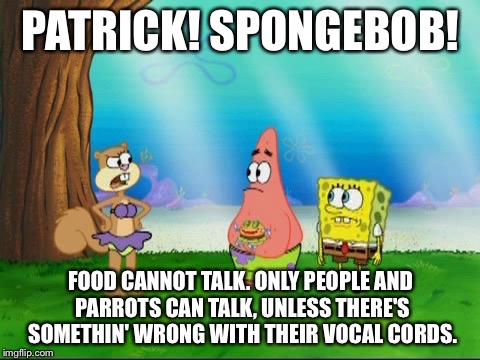 Sandy - Food Cannot Talk | PATRICK! SPONGEBOB! FOOD CANNOT TALK. ONLY PEOPLE AND PARROTS CAN TALK, UNLESS THERE'S SOMETHIN' WRONG WITH THEIR VOCAL CORDS. | image tagged in sandy - food cannot talk,memes,spongebob squarepants,patrick star,krabby patty,purple bikini | made w/ Imgflip meme maker