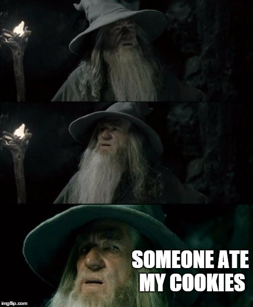 Confused Gandalf | SOMEONE ATE MY COOKIES | image tagged in memes,confused gandalf | made w/ Imgflip meme maker