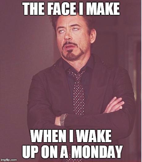 Face You Make Robert Downey Jr | THE FACE I MAKE WHEN I WAKE UP ON A MONDAY | image tagged in memes,face you make robert downey jr | made w/ Imgflip meme maker