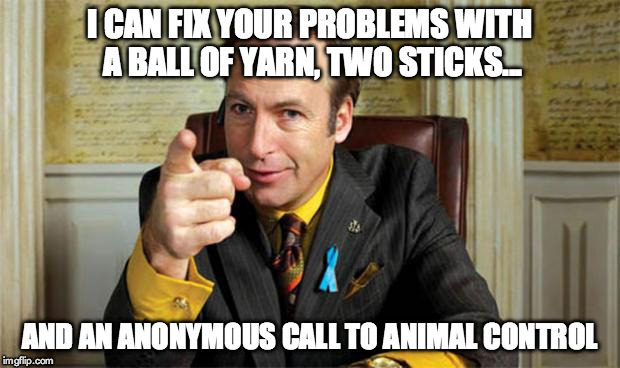 Saul Goodman | I CAN FIX YOUR PROBLEMS WITH A BALL OF YARN, TWO STICKS... AND AN ANONYMOUS CALL TO ANIMAL CONTROL | image tagged in saul goodman | made w/ Imgflip meme maker