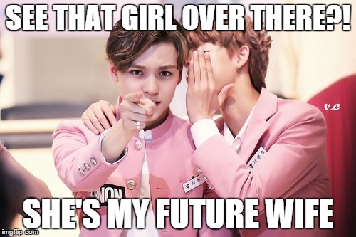 Vernon and his future wife | SEE THAT GIRL OVER THERE?! SHE'S MY FUTURE WIFE | image tagged in seventeen,vernon,kpop | made w/ Imgflip meme maker
