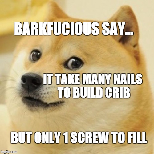 Doge | BARKFUCIOUS SAY... IT TAKE MANY NAILS TO BUILD CRIB BUT ONLY 1 SCREW TO FILL | image tagged in memes,doge,barkfucious,philosophical dog | made w/ Imgflip meme maker