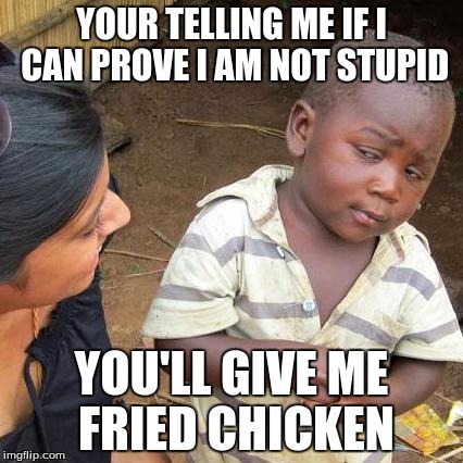 Third World Skeptical Kid | YOUR TELLING ME IF I CAN PROVE I AM NOT STUPID YOU'LL GIVE ME FRIED CHICKEN | image tagged in memes,third world skeptical kid | made w/ Imgflip meme maker