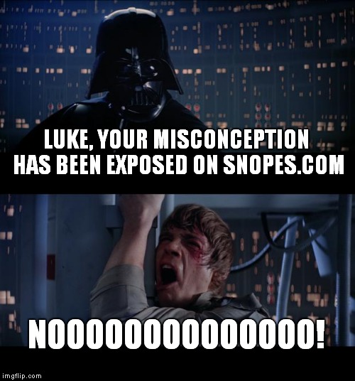 Star Wars No Meme | LUKE, YOUR MISCONCEPTION HAS BEEN EXPOSED ON SNOPES.COM NOOOOOOOOOOOOOO! | image tagged in memes,star wars no | made w/ Imgflip meme maker