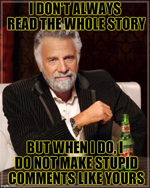 The Most Interesting Man In The World | I DON'T ALWAYS READ THE WHOLE STORY BUT WHEN I DO, I DO NOT MAKE STUPID COMMENTS LIKE YOURS | image tagged in memes,the most interesting man in the world | made w/ Imgflip meme maker