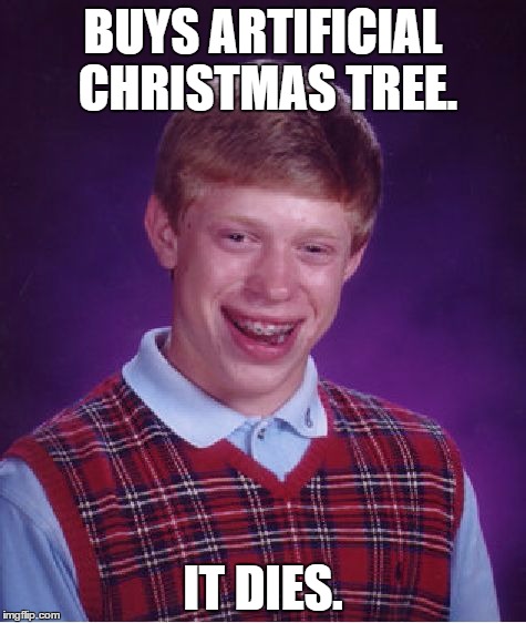 Or did it kill itself ? | BUYS ARTIFICIAL CHRISTMAS TREE. IT DIES. | image tagged in memes,bad luck brian,christmas,christmas tree | made w/ Imgflip meme maker
