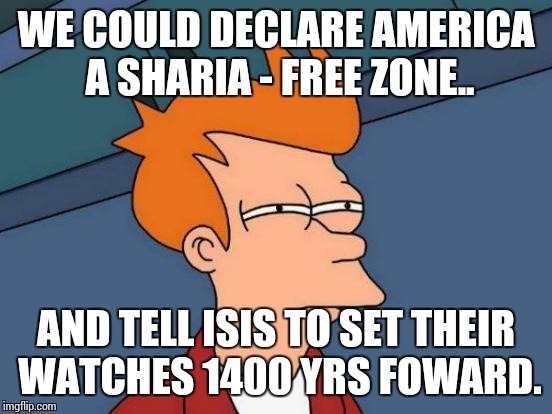 If the "gun free zone" logic works,.. here's the liberal solution.  | WE COULD DECLARE AMERICA A SHARIA - FREE ZONE.. AND TELL ISIS TO SET THEIR WATCHES 1400 YRS FOWARD. | image tagged in memes,futurama fry | made w/ Imgflip meme maker