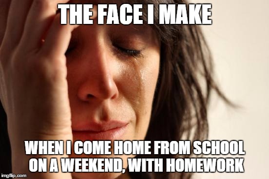 First World Problems | THE FACE I MAKE WHEN I COME HOME FROM SCHOOL ON A WEEKEND, WITH HOMEWORK | image tagged in memes,first world problems | made w/ Imgflip meme maker