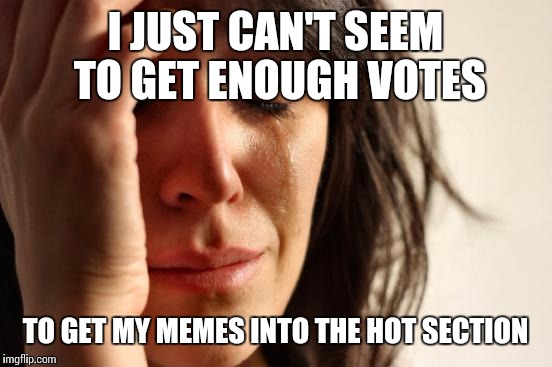 First World Problems Meme | I JUST CAN'T SEEM TO GET ENOUGH VOTES TO GET MY MEMES INTO THE HOT SECTION | image tagged in memes,first world problems | made w/ Imgflip meme maker