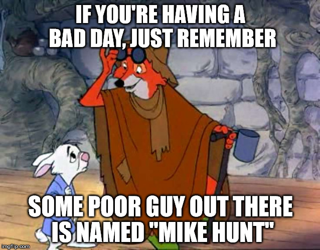 Chin up.  Sorry, Mike. | IF YOU'RE HAVING A BAD DAY, JUST REMEMBER SOME POOR GUY OUT THERE IS NAMED "MIKE HUNT" | image tagged in robin hood chin up | made w/ Imgflip meme maker