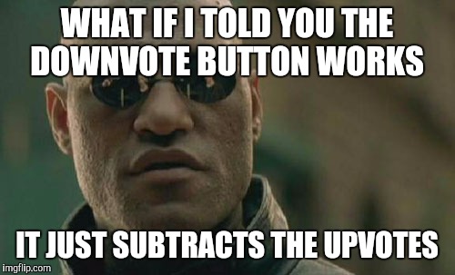 Just tested and it works on comments and memes :) | WHAT IF I TOLD YOU THE DOWNVOTE BUTTON WORKS IT JUST SUBTRACTS THE UPVOTES | image tagged in memes,matrix morpheus | made w/ Imgflip meme maker