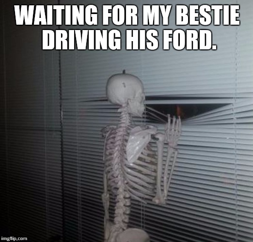 ME WAITING FOR MY SISTER TO PAY ME BACK | WAITING FOR MY BESTIE DRIVING HIS FORD. | image tagged in me waiting for my sister to pay me back | made w/ Imgflip meme maker