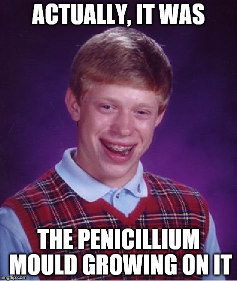 Bad Luck Brian Meme | ACTUALLY, IT WAS THE PENICILLIUM MOULD GROWING ON IT | image tagged in memes,bad luck brian | made w/ Imgflip meme maker