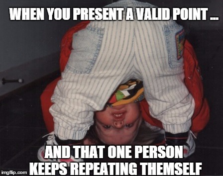 Kids | WHEN YOU PRESENT A VALID POINT ... AND THAT ONE PERSON KEEPS REPEATING THEMSELF | image tagged in kids | made w/ Imgflip meme maker