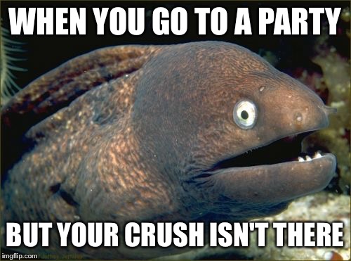This happened one night, I pretty much ruined the whole experience for myself | WHEN YOU GO TO A PARTY BUT YOUR CRUSH ISN'T THERE | image tagged in memes,bad joke eel | made w/ Imgflip meme maker