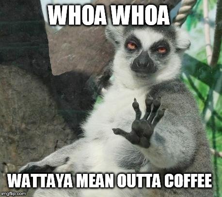 Stoner Lemur | WHOA WHOA WATTAYA MEAN OUTTA COFFEE | image tagged in memes,stoner lemur | made w/ Imgflip meme maker