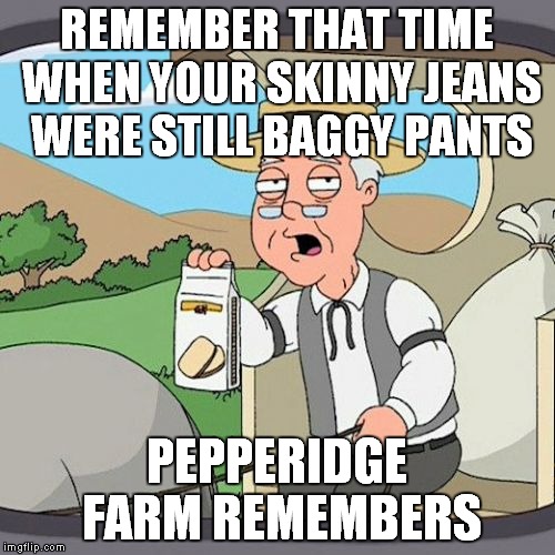 Pepperidge Farm Remembers | REMEMBER THAT TIME WHEN YOUR SKINNY JEANS WERE STILL BAGGY PANTS PEPPERIDGE FARM REMEMBERS | image tagged in memes,pepperidge farm remembers | made w/ Imgflip meme maker