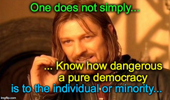 One Does Not Simply Meme | One does not simply... ... Know how dangerous a pure democracy is to the individual or minority... | image tagged in memes,one does not simply | made w/ Imgflip meme maker