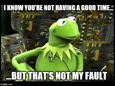 ....but that's my fault | I KNOW YOU'RE NOT HAVING A GOOD TIME... | image tagged in but that's not my fault,memes,kermit,good time | made w/ Imgflip meme maker