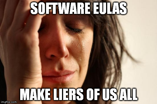 How many of us actually read all that fine print? | SOFTWARE EULAS MAKE LIERS OF US ALL | image tagged in memes,first world problems | made w/ Imgflip meme maker