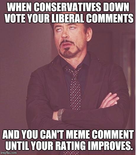 This place is becoming a right wing circle jerk. | WHEN CONSERVATIVES DOWN VOTE YOUR LIBERAL COMMENTS AND YOU CAN'T MEME COMMENT UNTIL YOUR RATING IMPROVES. | image tagged in memes,face you make robert downey jr,liberal vs conservative | made w/ Imgflip meme maker