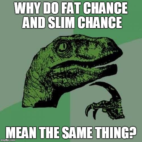 Philosoraptor Meme | WHY DO FAT CHANCE AND SLIM CHANCE MEAN THE SAME THING? | image tagged in memes,philosoraptor | made w/ Imgflip meme maker