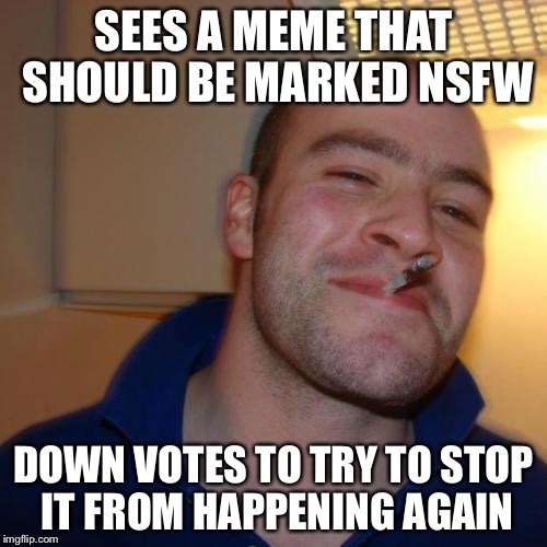 Good Guy Greg | SEES A MEME THAT SHOULD BE MARKED NSFW DOWN VOTES TO TRY TO STOP IT FROM HAPPENING AGAIN | image tagged in memes,good guy greg | made w/ Imgflip meme maker