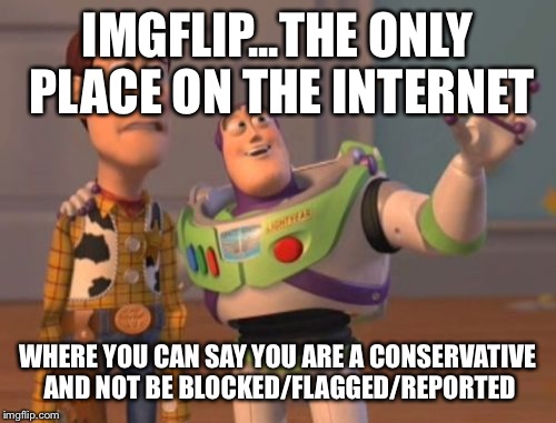 X, X Everywhere | IMGFLIP...THE ONLY PLACE ON THE INTERNET WHERE YOU CAN SAY YOU ARE A CONSERVATIVE AND NOT BE BLOCKED/FLAGGED/REPORTED | image tagged in memes,x x everywhere | made w/ Imgflip meme maker