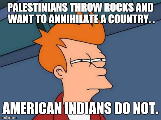 Futurama Fry Meme | PALESTINIANS THROW ROCKS AND WANT TO ANNIHILATE A COUNTRY. . AMERICAN INDIANS DO NOT. | image tagged in memes,futurama fry | made w/ Imgflip meme maker