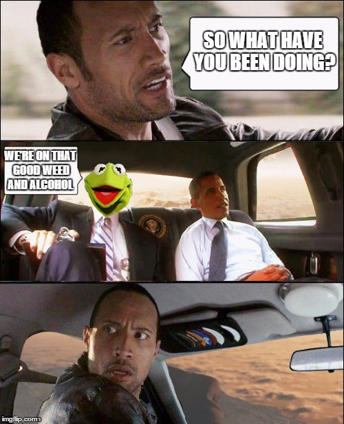 The Rock Driving Kermit and Barack Obama | SO WHAT HAVE YOU BEEN DOING? WE'RE ON THAT GOOD WEED AND ALCOHOL | image tagged in the rock driving kermit and barack obama | made w/ Imgflip meme maker