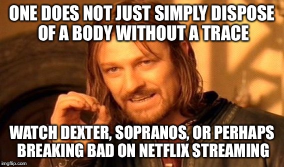 One Does Not Simply | ONE DOES NOT JUST SIMPLY DISPOSE OF A BODY WITHOUT A TRACE WATCH DEXTER, SOPRANOS, OR PERHAPS BREAKING BAD ON NETFLIX STREAMING | image tagged in memes,one does not simply | made w/ Imgflip meme maker