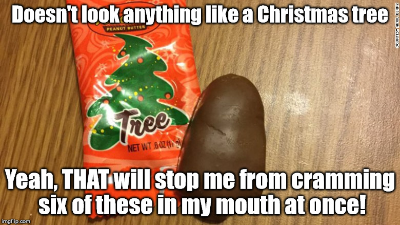 Dude, it's chocolate and peanut butter, shut up and EAT IT! | Doesn't look anything like a Christmas tree Yeah, THAT will stop me from cramming six of these in my mouth at once! | image tagged in war on christmas,jesus,christmas tree,memes | made w/ Imgflip meme maker