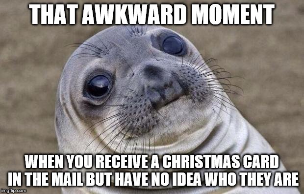 Awkward Moment Sealion Meme | THAT AWKWARD MOMENT WHEN YOU RECEIVE A CHRISTMAS CARD IN THE MAIL BUT HAVE NO IDEA WHO THEY ARE | image tagged in memes,awkward moment sealion,christmas,christmas card | made w/ Imgflip meme maker