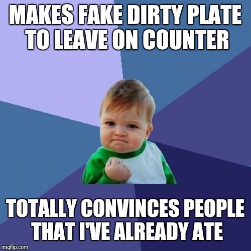 Success Kid Meme | MAKES FAKE DIRTY PLATE TO LEAVE ON COUNTER TOTALLY CONVINCES PEOPLE THAT I'VE ALREADY ATE | image tagged in memes,success kid | made w/ Imgflip meme maker