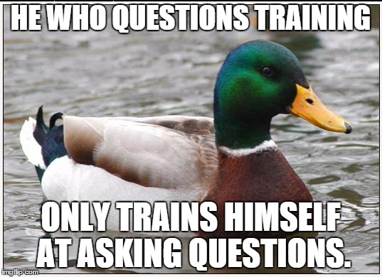 Actual Advice Mallard | HE WHO QUESTIONS TRAINING ONLY TRAINS HIMSELF AT ASKING QUESTIONS. | image tagged in memes,actual advice mallard | made w/ Imgflip meme maker
