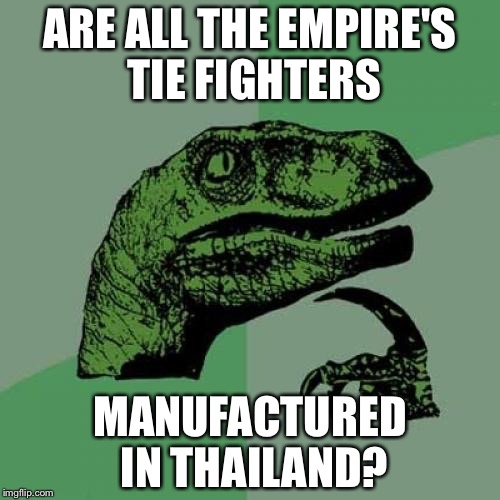 Philosoraptor | ARE ALL THE EMPIRE'S TIE FIGHTERS MANUFACTURED IN THAILAND? | image tagged in memes,philosoraptor,star wars | made w/ Imgflip meme maker